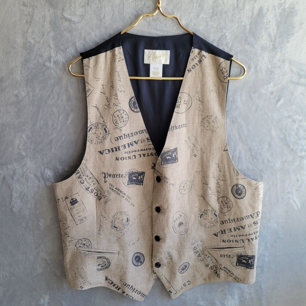 Vintage APART Linen Vest Size L Postal Stamp Print Lined Academia USA